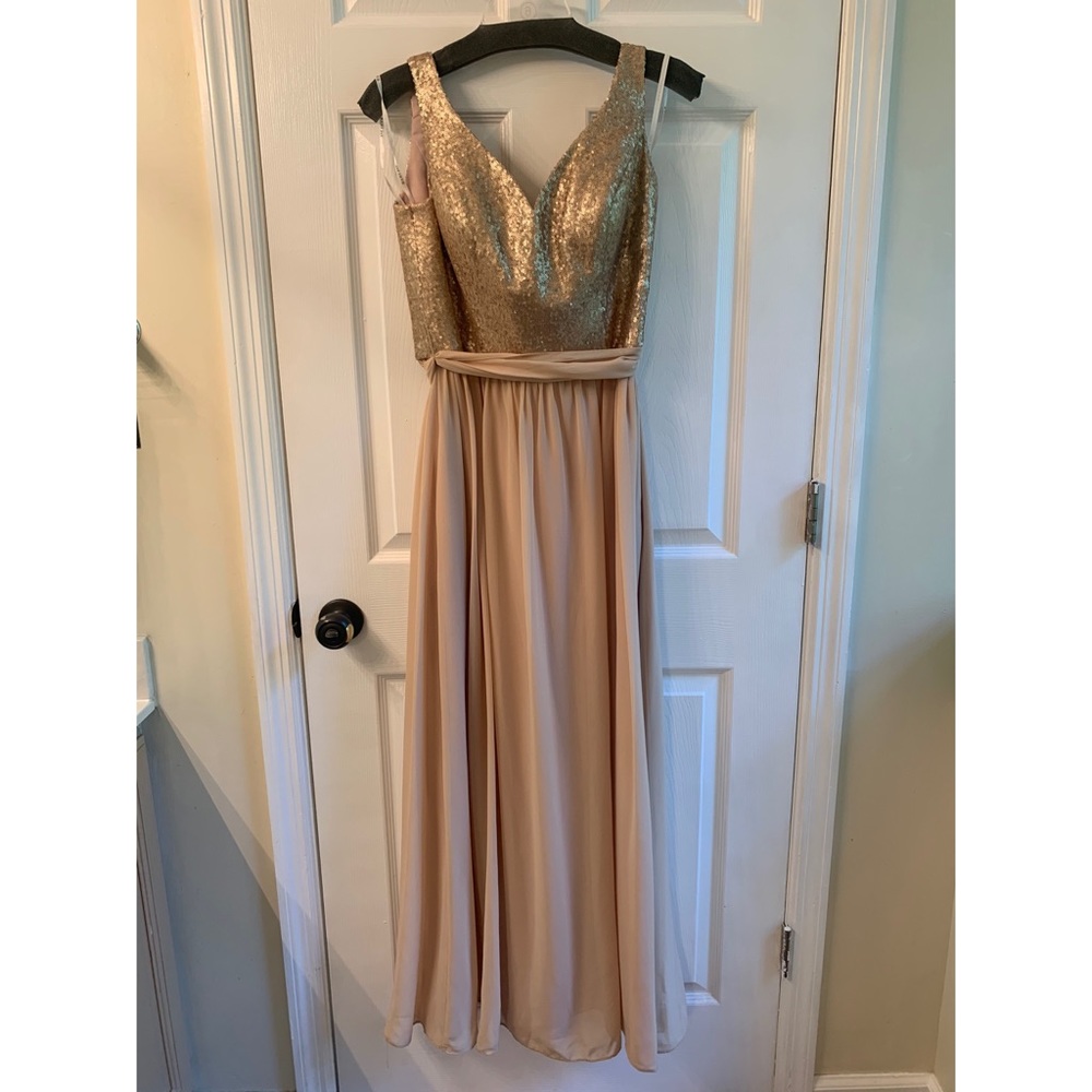 Bari Jay gold sequined bridesmaid dress